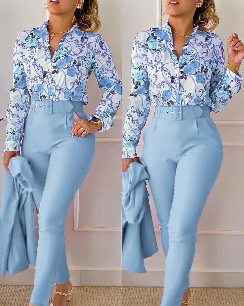 Women 2 Pieces Sets Fashion Female V-Neck Casual Floral Print Long Sleeve Shirt Top High Waist Pants Work Office Suit Playsuit