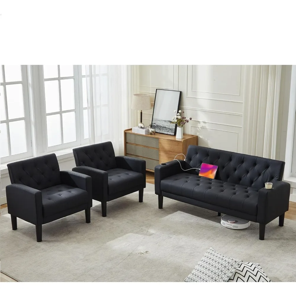 

mid-century modern black faux leather loveseat sofa set with usb ports and cup holders, 3-piece living room furniture, compact s