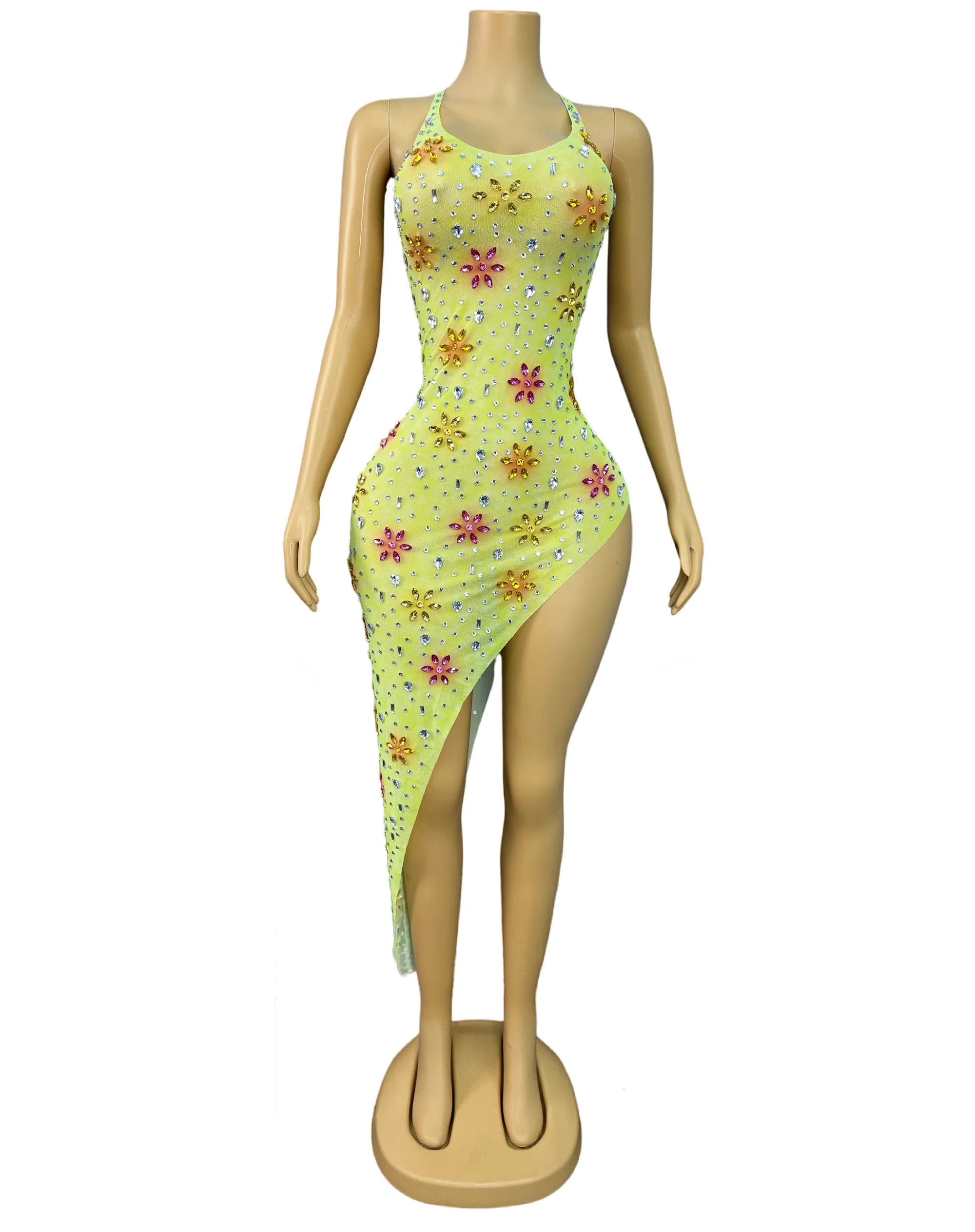 Roupa de desfile de moda artesanal strass coloridos sexy sem mangas fenda vestido irregular festa vestido de noite