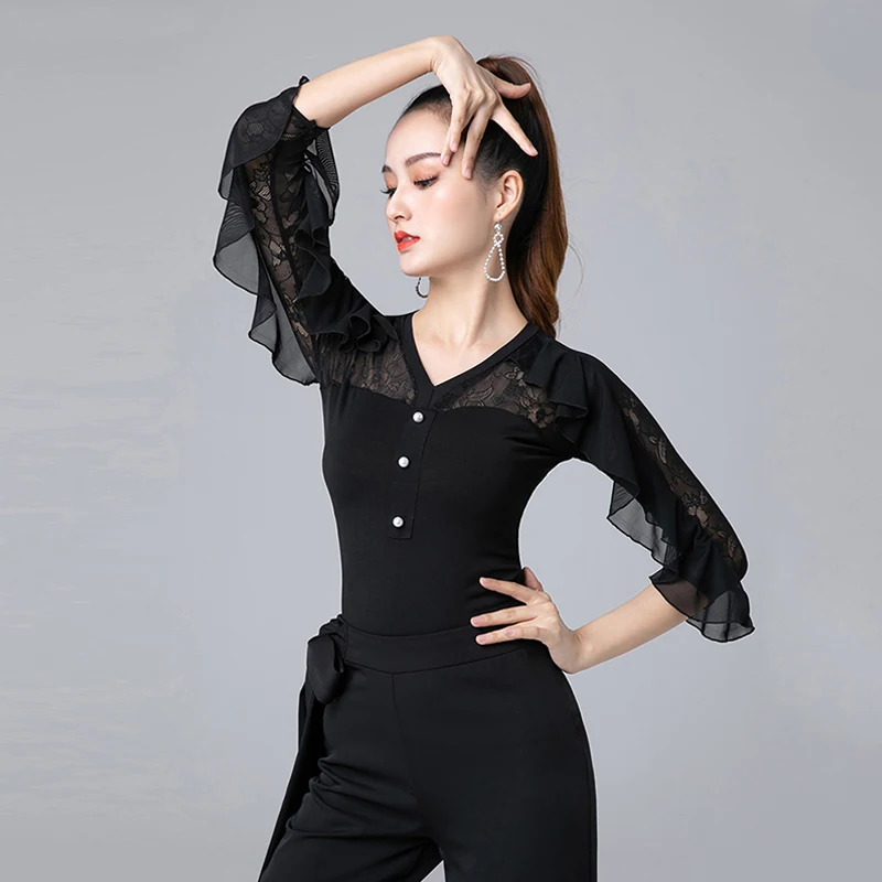 

Lace Sleeve Latin Dance Tops Ballroom Performance Dancewear Prom Waltz Tango Dancing Clothes Rumba ChaCha Practice Wear YS3792