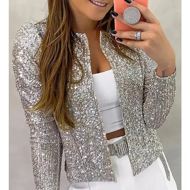 

2024 spring new European and American women's fashion stand collar matching color sequin coat short casual coat with small sui