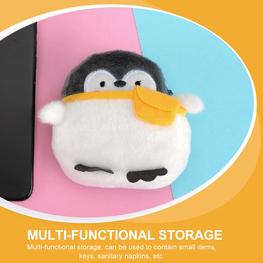 2 Pcs Purse Penguin Shape Mini Wallet Plush Cartoon Animal Bag Thick Fabric Zipper Design Cute Multi Functional