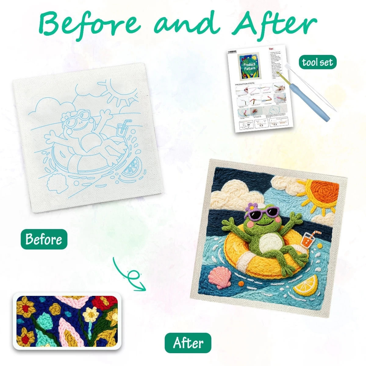 1 Set Frosch auf Schwimmring DIY-Stickerei-Set für Anfänger, Stickerei-Starter-Kit, Kreuzstich-Kunstgeschenk, Handarbeits-Bastelset – Detail 1