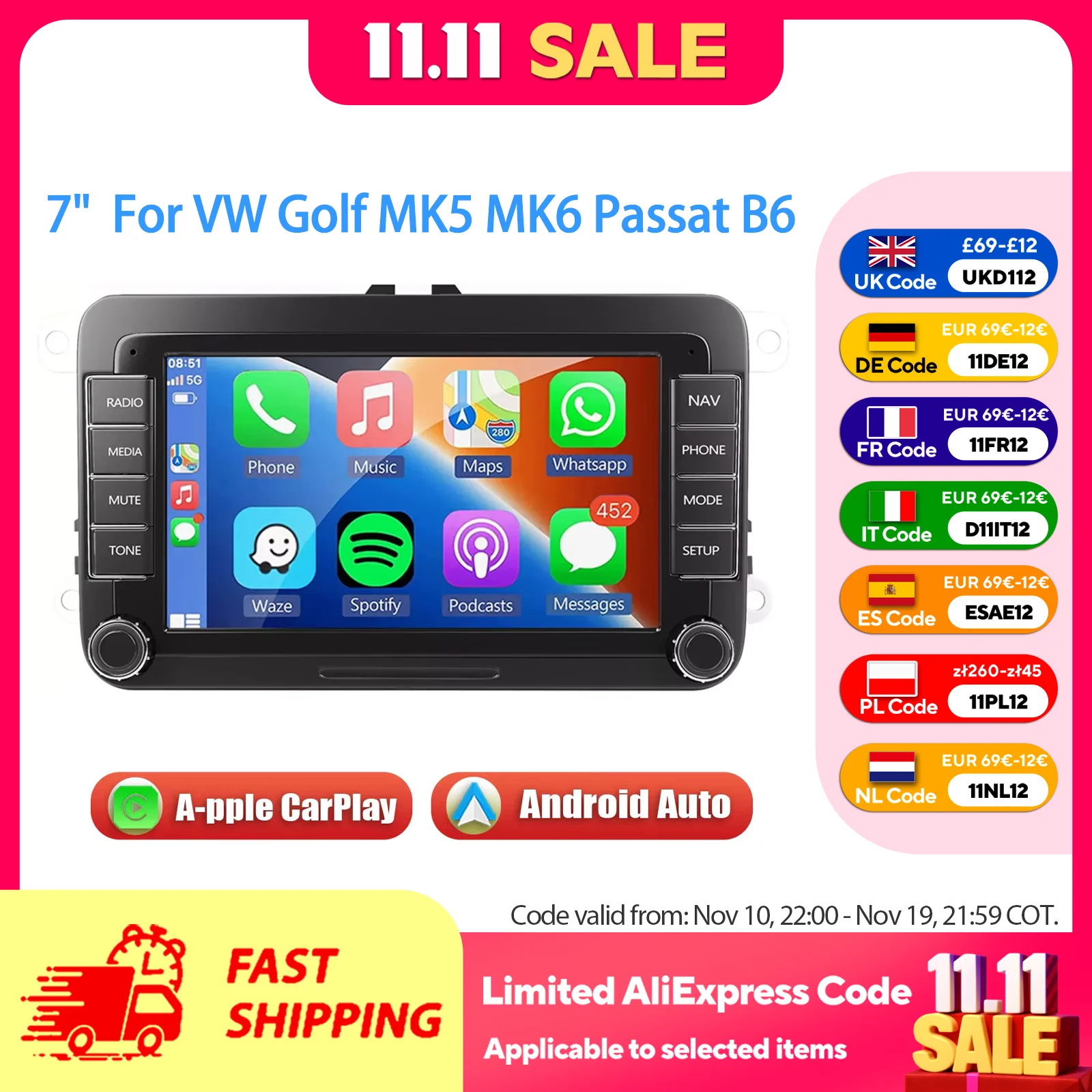 ESSGOO 7in Android 14 Auto CarPlay Car Stereo Radio GPS Navi WIFI RDS FM ASP BT for VW Golf 5 6 Passat B6 B7 Polo Touran Tiguan