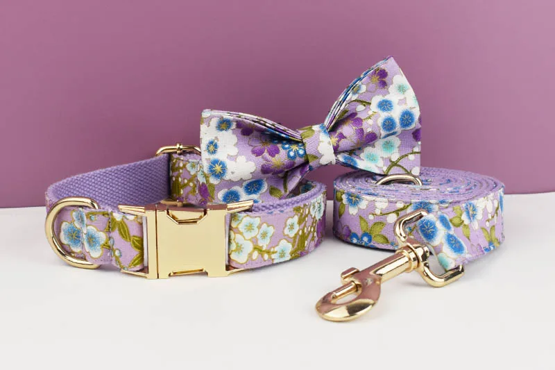 Adjustable Dog Harness Printed Purple Soft Cotton Personalized Dog Collar Leashes Harness Bow Set Dog Accessories Flowers 03