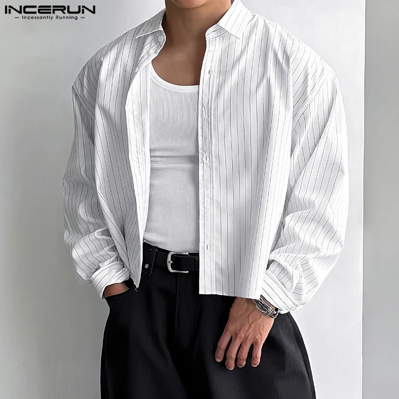 Lässige, schlichte Oberteile im INCERUN-Stil: Neues gestreiftes Crop-Shirt für Herren, modisches, heiß begehrtes Langarm-Herrenoberteil, locker geschnitten, Größen S-5XL
