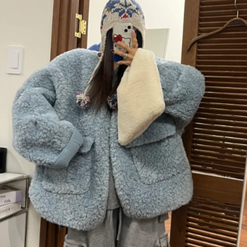 

Loose Fit Thiened Warm Casual Lamb Fur Jaet Women's Double ket Coat Dongda Gate Sle Spring Autumn Winter Outerwear