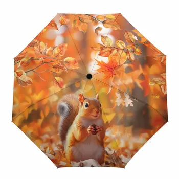 여성용 가을 잎 다람쥐 자동 우산, 휴대용 접이식 우산, 양산 및 비 우산 