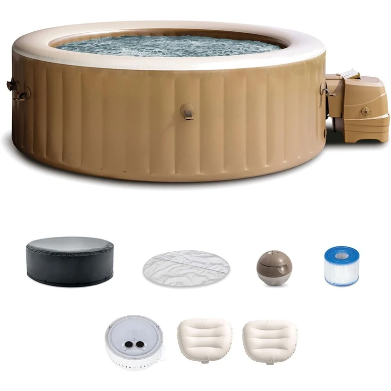 6 Person Bubble Massage Inflatable Hot Tub Bundled with Battery Powered Multicolor LED Light, and Adjustable Headrest