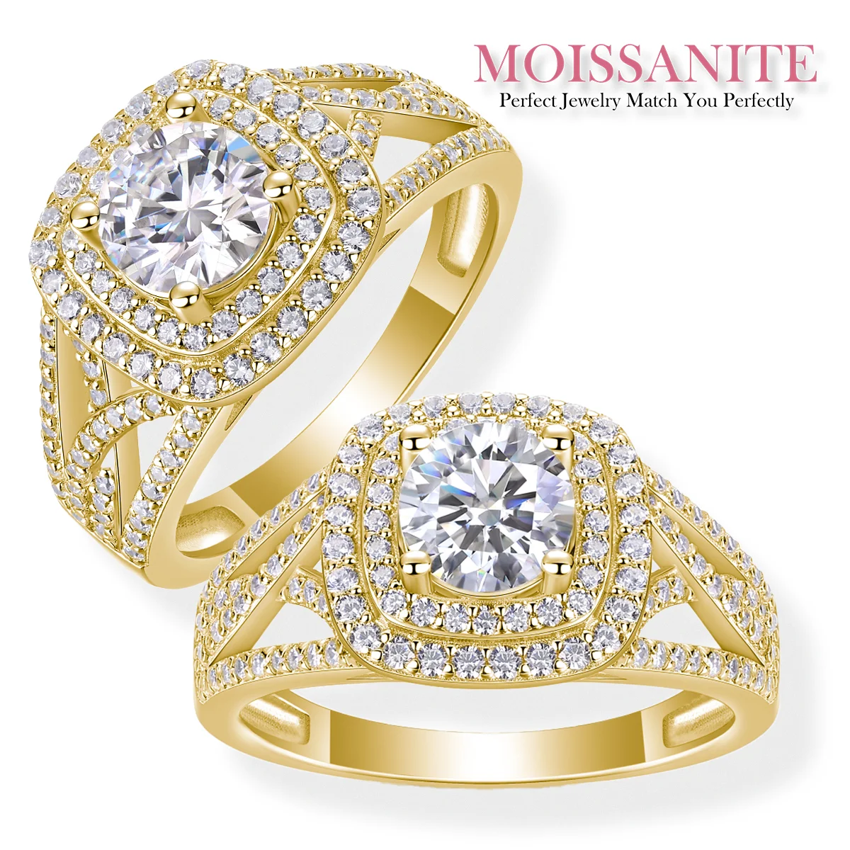 1 Carat Moissanite Double Halo Ring, 18K Gold Plated S925 Silver, Brilliant Round Cut Stone, Split Shank Design for Women