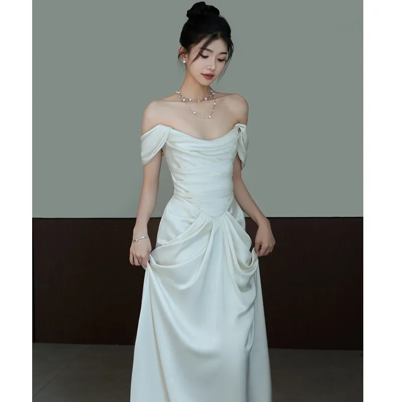 One-shoulder 195 light wedding dress evening dress simple white 2024 new bride reception dress skirt