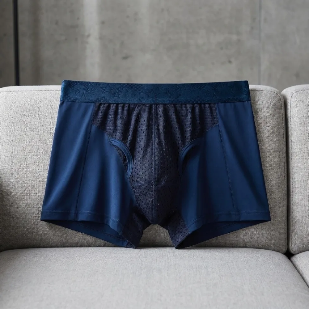 Quick-Drying Men's Mesh Boxer Briefs Separation Split Design Underwear for Man Thin Mesh Lingerie Male Ice Silk Panties Men
