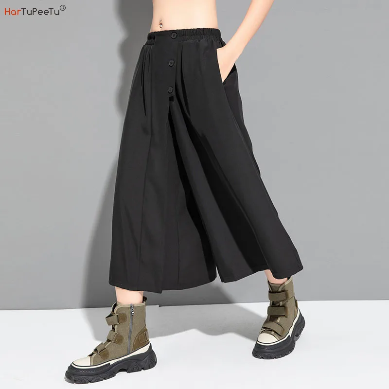 Black Summer Wide Leg Pants Women High Waist Trouser Cotton High Quality Drape Effect Pantskirt Loose Casual Ankle Length Pants