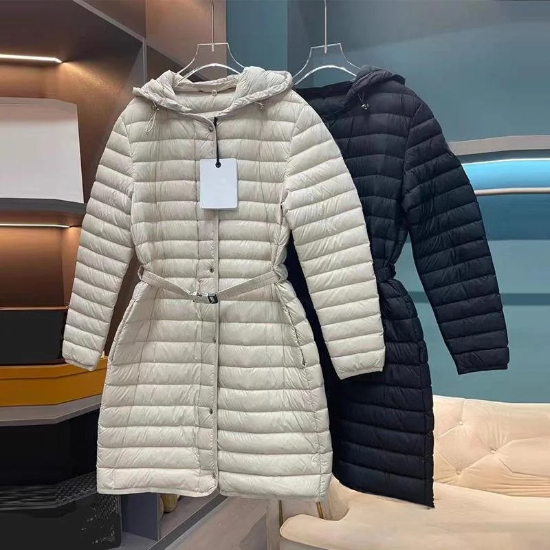Lightweight White Duck down Puffer Jacket Women's Loose Fit Hooded Belted Mid-Length Stylish Commute Style Poly Fiber