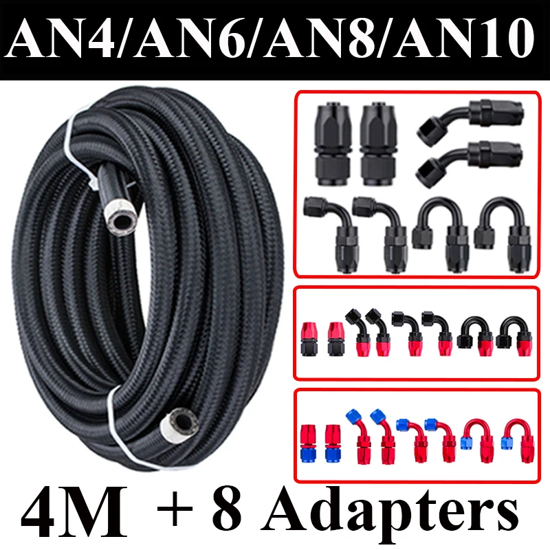 

4M AN4 AN6 AN8 AN10 Fuel Hose Oil Gas Cooler Hose Line Pipe Tube Nylon CPE Rubber + 0 45 90 180 Degree Swivel Hose End Fittings