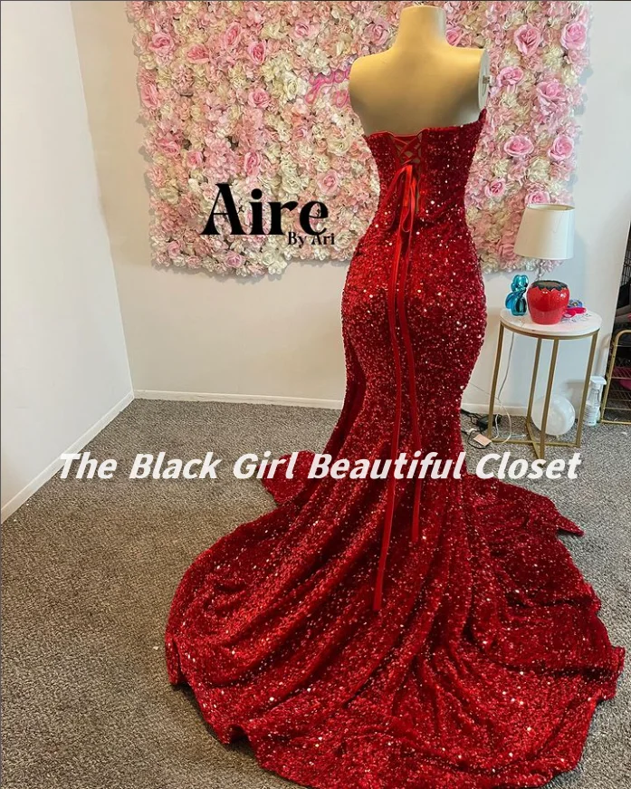 Luxury Red Evening Gowns New Sheath Sparkling Rhinestone Beaded Sequins Prom Dresses African Girls Deep V Sexy Fishtail Gowns