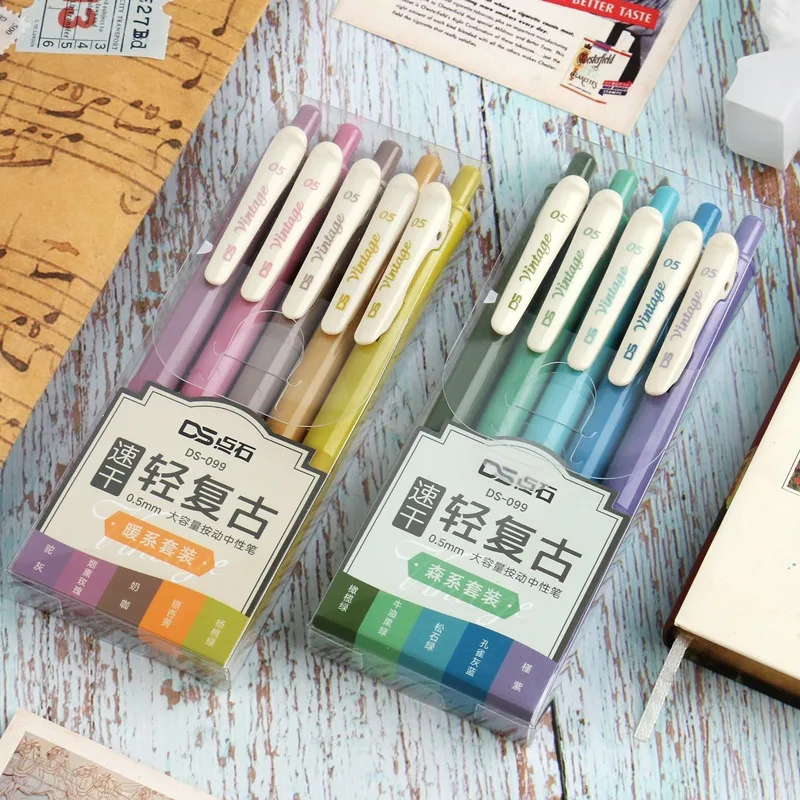 5pcs Retractable Colored Gel Pens Quick Dry Ink 0.5mm Vintage Pen for Planner Drawing School Office Kawaii Stationery Supplies