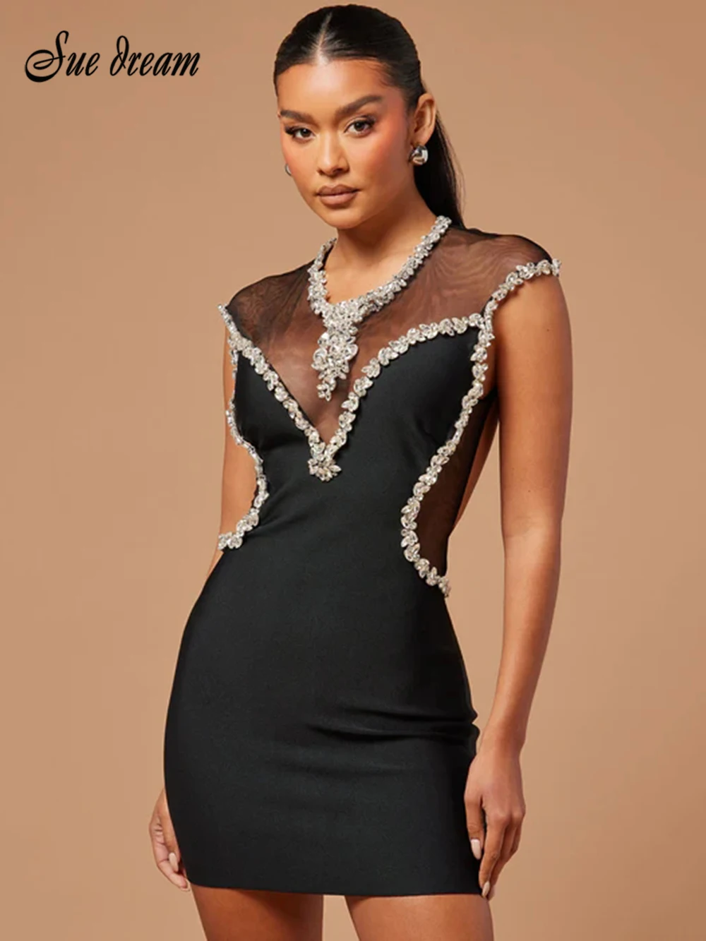 

2024 Summer New Women's Sleeveless O-Neck Backless Diamond Mesh Patchwork Bandage Mini Dress Bodycon Celebrity Party Dress