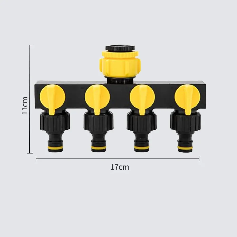 Four Way ABS Hose Distributor with Individual On Off Switches for 1 3/4 1/2 Inch Garden Hoses Quick Connect Fit