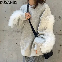 KUSAHIKI 2024 Autumn Winter Women Clothing Korean Fashion Ruffle Edge Patchwork Long Sleeved Round Neck Sweatshirt Top Pullover