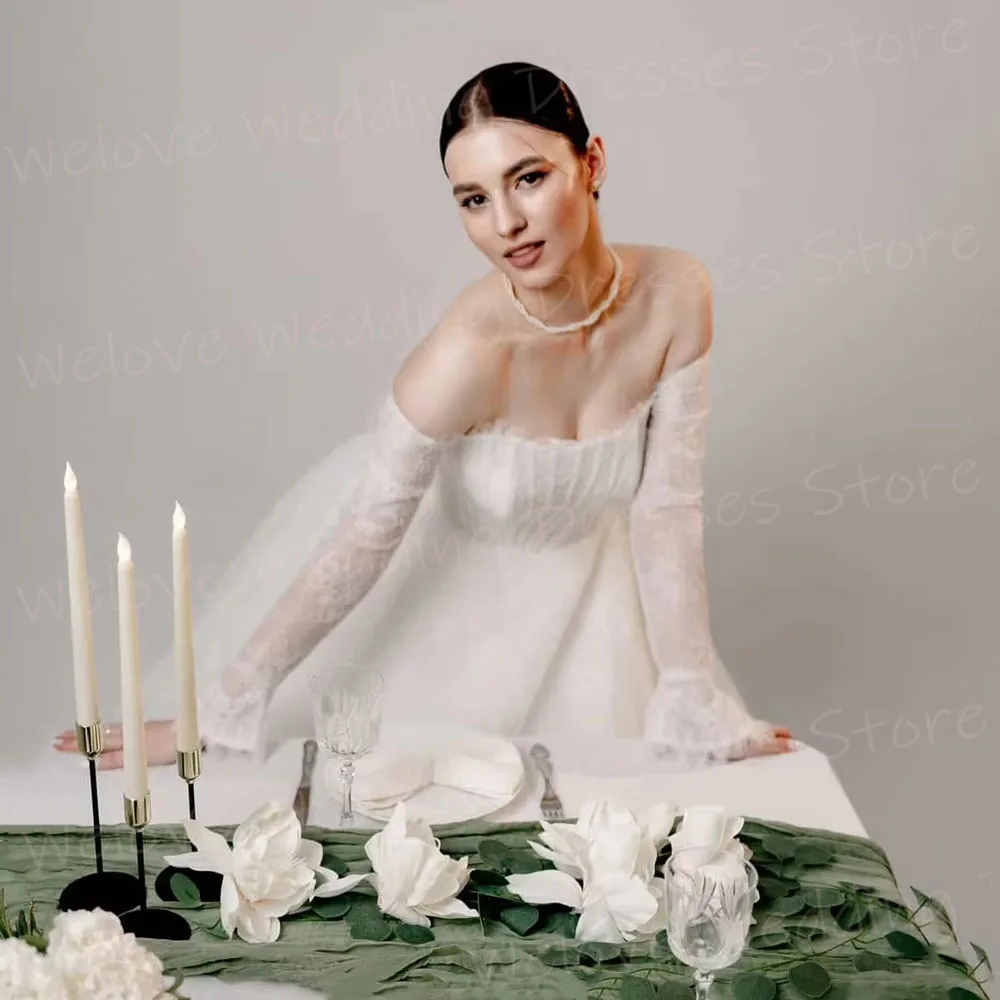 فساتين زفاف فاخرة على شكل حرف A للنساء من الدانتيل بدون أكتاف رداء De Mariée فساتين عروس مخصصة بأكمام طويلة فيستدو دي نوفيا