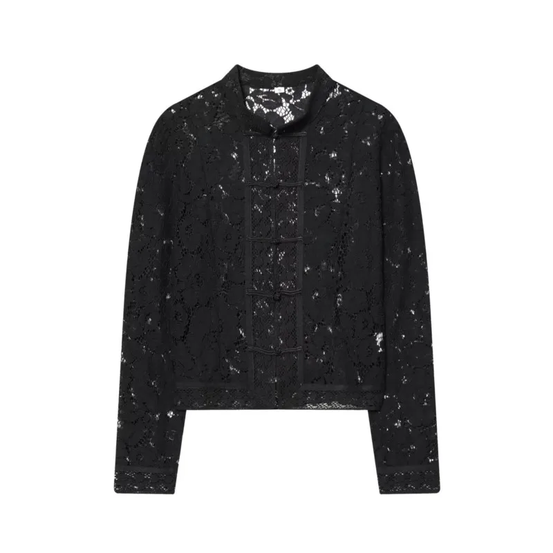 Damska koronkowa bluzka szydełkowa z stójką, długim rękawem, ażurowa, elegancka, podkreślająca talię, w stylu vintage.