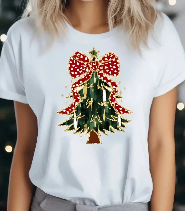Women's Fashionable Christmas Tree Pattern Printed Women's T-shirt Summer Top Short Sleeved Round Neck Casual Women's Clothing
