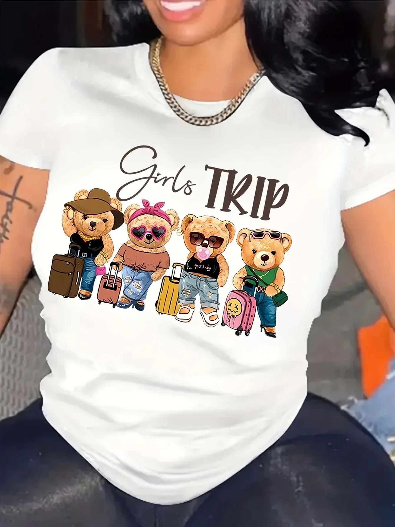Bear and Letters Printed T-Shirt Casual Round Neck Short Sleeve Tops Spring Summer Women's Clothing Graphic T Shirts Fashion Y2K