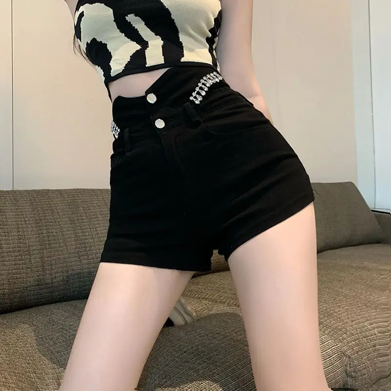 Summer Shorts Women Denim Chic Pure 3D Decoration Slim Sexy Designed Hotsweet Clubwear Aesthetic All-match Black Trousers OOTD