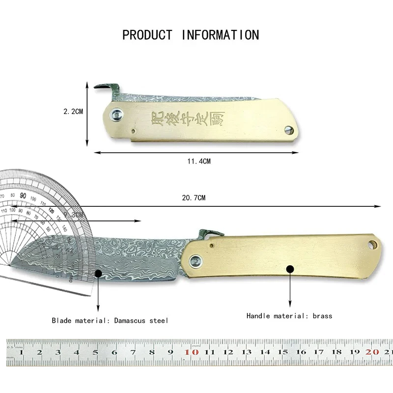 Higonokami Damascus Steel Blade Brass Handle Big Folding Pocket Knife Outdoor Hunting Survival Camping Tactical Combat EDC Tool