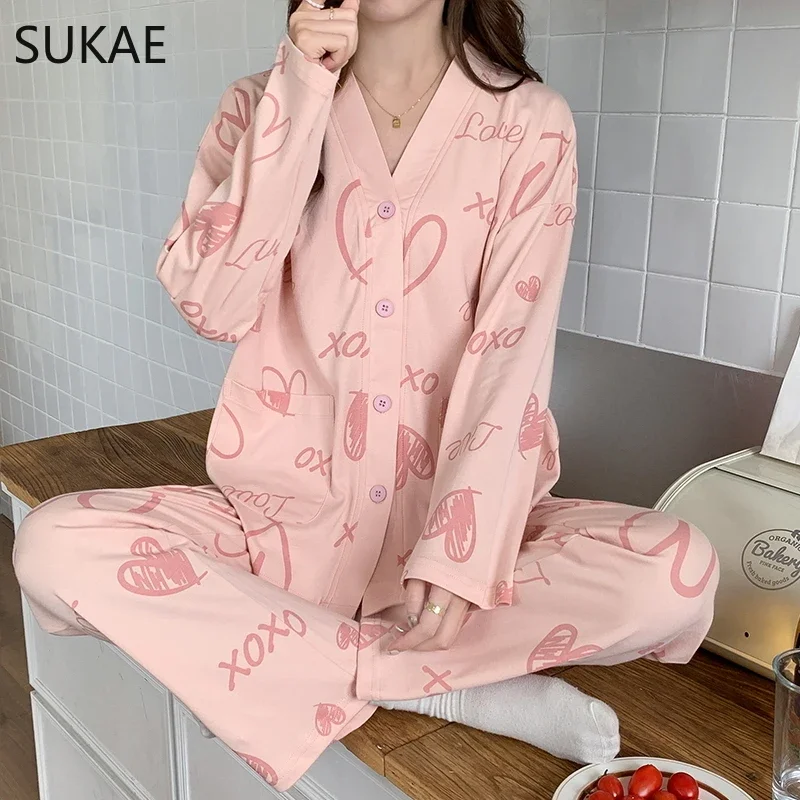 SUKAE New Kimono Style Women Sleepwear Casual Autumn Winter Faux Cotton Woman\'s Pajamas Set Sweet Lapel Homesuits Leisure Pjs