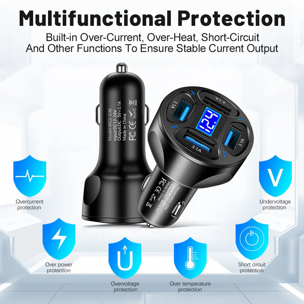 3.1A 4 in 1 Car Charger 4 Ports 5V Digital Display 4USB C Car Phone Charger Adapter With Voltage For iPhone 17 16 Pro For Huawei
