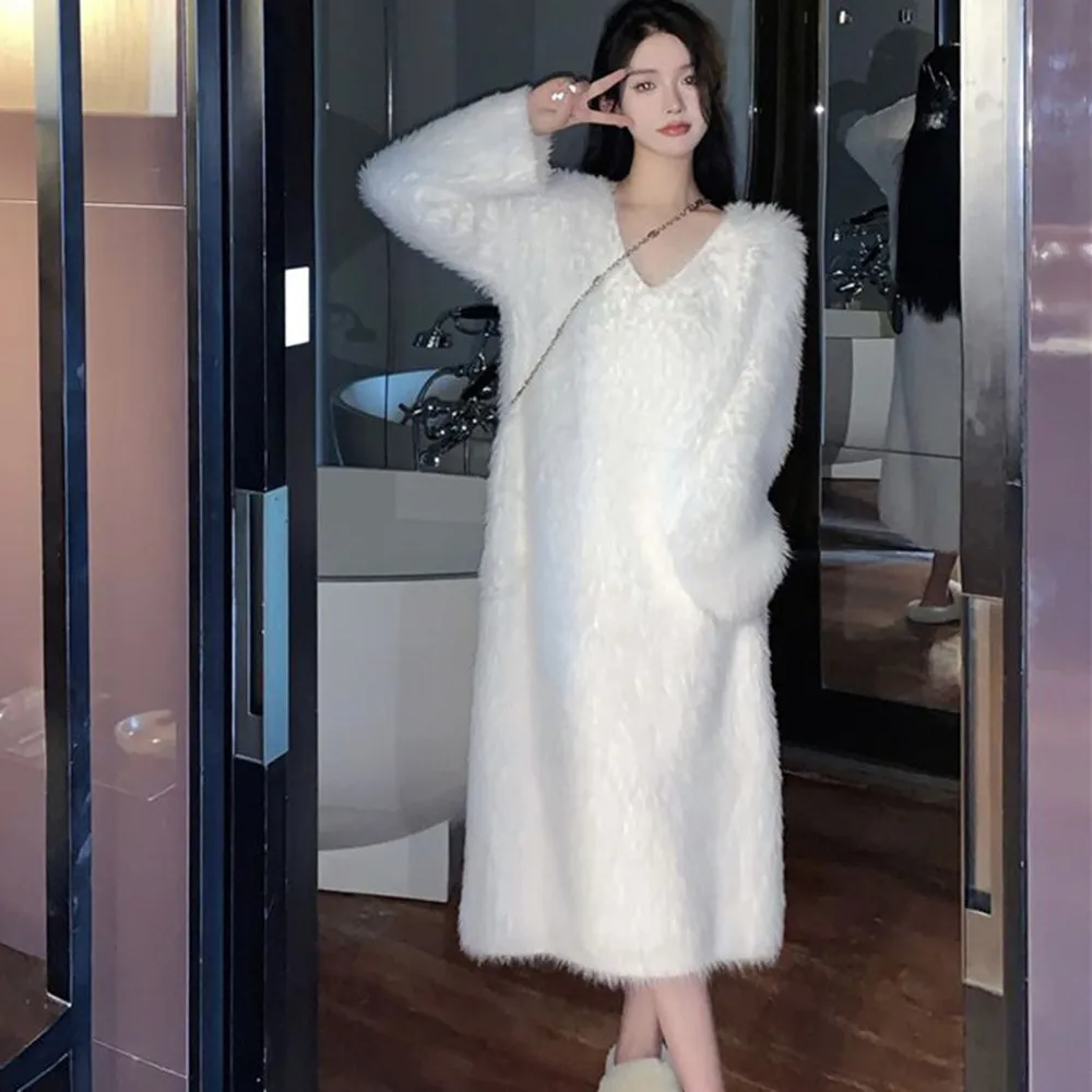 New Imitation Mink Women Knit Dress 2024 Autumn Winter Thick Warm Sweater Long Sleeve V-Neck Korea Home Outdoor Long Sweat Dress