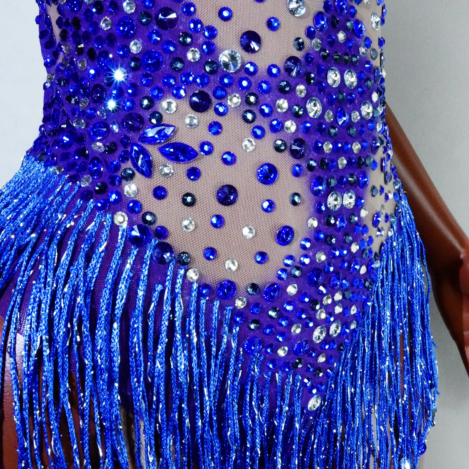 Women Sexy robe Backless blue Rhinestone High Stretch Bodysuit Evening Party Nightclub Singer Dancer Stage Performance dress