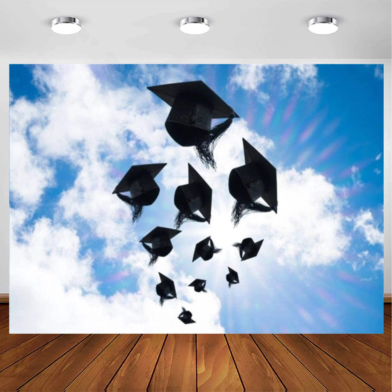 

Graduation Photography Backdrop Congrats Graduates Trencher Caps In Sky Background Black Mortarboards Convocation Honoring