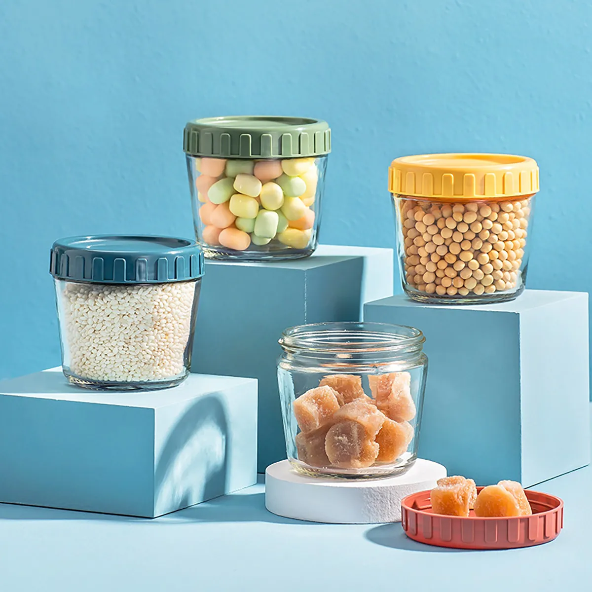 1Set Sealed Glass Food Storage Jar Airtight Storage Can for Kitchen Home Tea Candy Grain Yellow Blue Sealed Ring