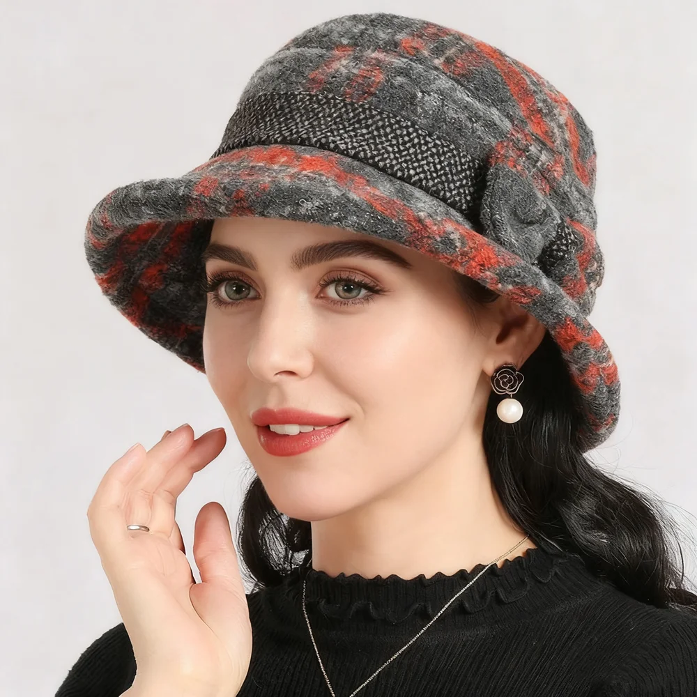 Damen Herbst- und Winter-Schleifenhut, Verdickter Warmer Wollener Casual-Fischerhut – Detail 2