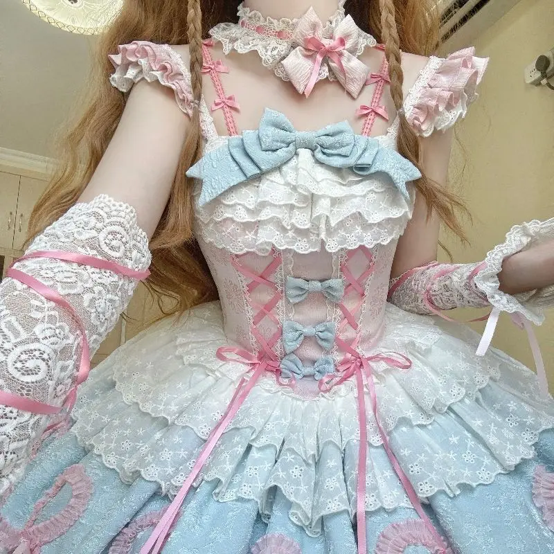 Vestido Doce Lolita Fubulirenque com Laço para Meninas, Roupa Infantil Estilo Conto de Fadas Romântico, Saia de Boneca Fada