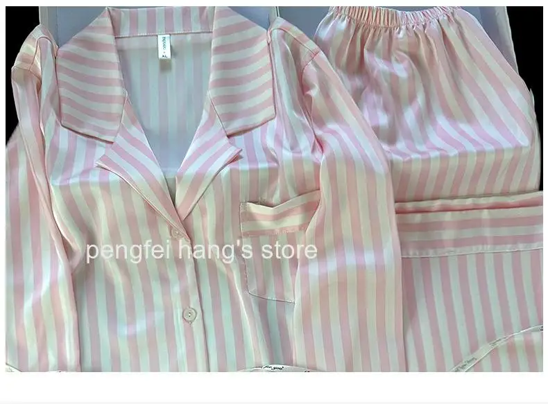 Women Spring Autumn Striped Ice Silk Pajama Set Lapel Collar Cardigan Long Sleeve Long Pants Loose Korean Style Homewear 6
