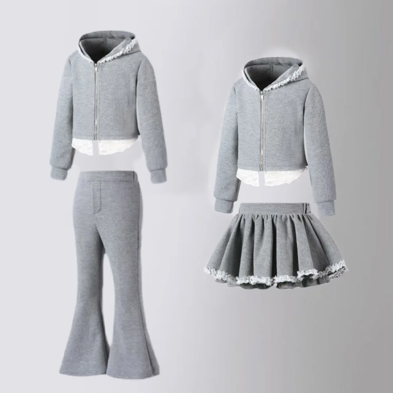 

Girls Clothing Set 2025 Spring Grey Waffle Plaid Outerwear Flared Pants Skirt Set Teen Kids Outfits Lace Design Children Clothes