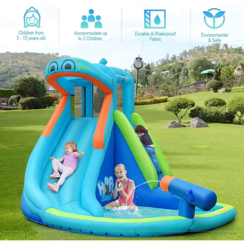 สไลเดอร์น้ำเป่าลม รูปทรงฮิปโป สำหรับสนามหลังบ้าน พร้อมผนังปีนป่ายและสไลเดอร์ ใช้ได้ทั้งในร่มและกลางแจ้ง