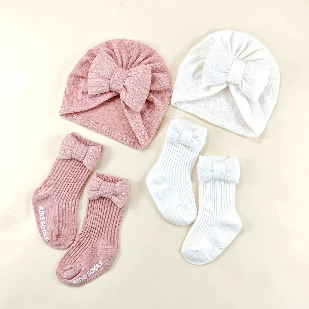 

2sets Newborn Hat and Socks Set Baby Bowknot Cute Beanie Baby Headscarf Hat Pink White Bonnet Footwear Floor Middle Socks Shoes