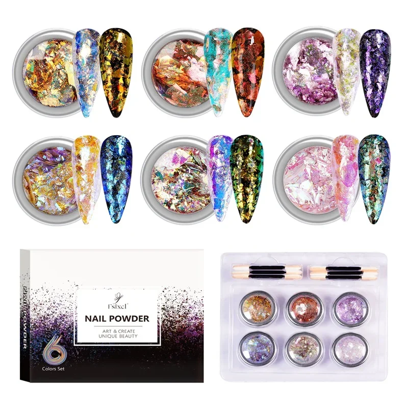 FSIXCL 6-kleuren set nagels reflecterende Aurora opaal vlokken poeder manicure ontwerp nagelkunst decoratie doe-het-zelf materiaal dikke glitter