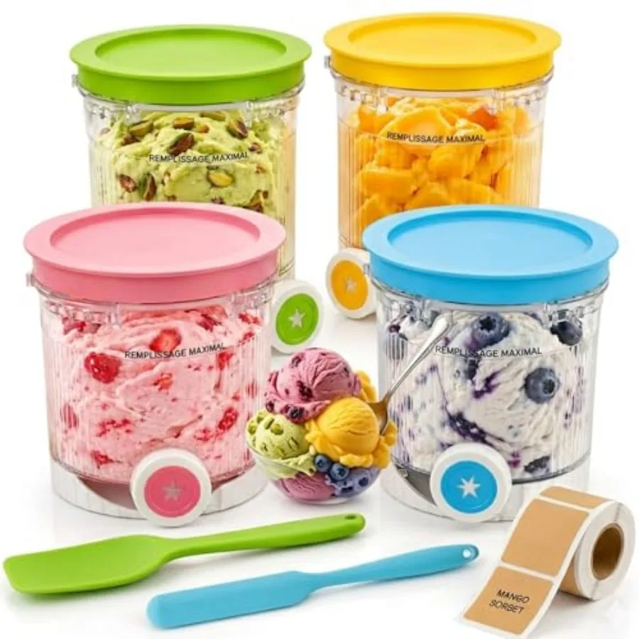 

4-Pack Replacement Pints and Lids Compatible with Ninja Creami Deluxe NC700 NC701 Series, 16 oz Ice Cream Containers with 2 Sil