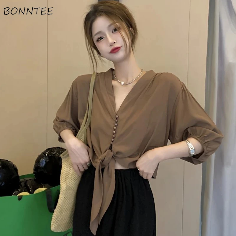 

Summer Shirts Womens Tops Chic Bandage French Style Retro Thin Shirt Elegant Temper Female V-neck Sexy Fashion Aesthetic Camisas