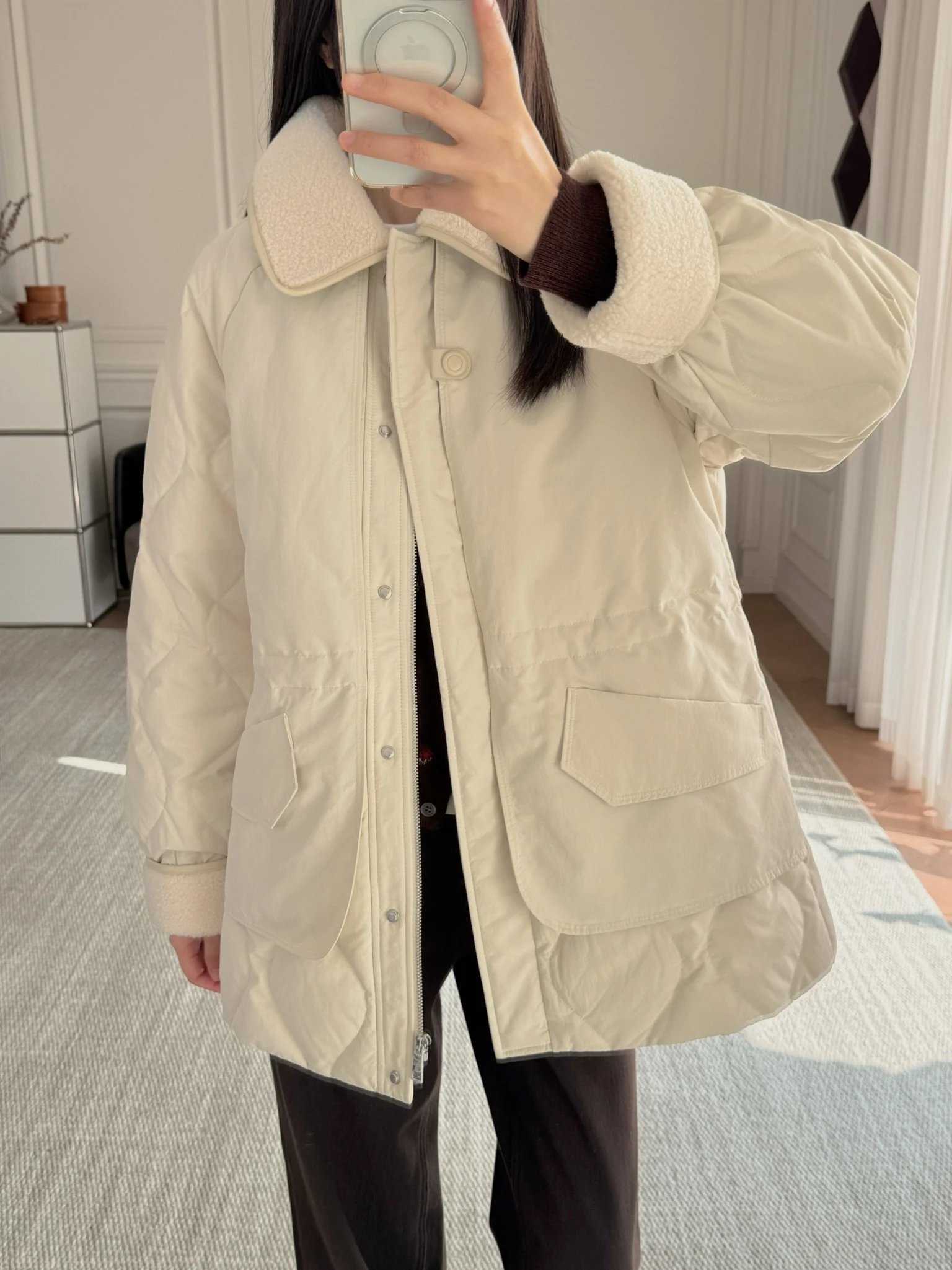 

Slimming Barn Sle Du down Jaet Lamb Fur Collar Cucurbit Stitching Waist Cinching ort Outerwear for Women