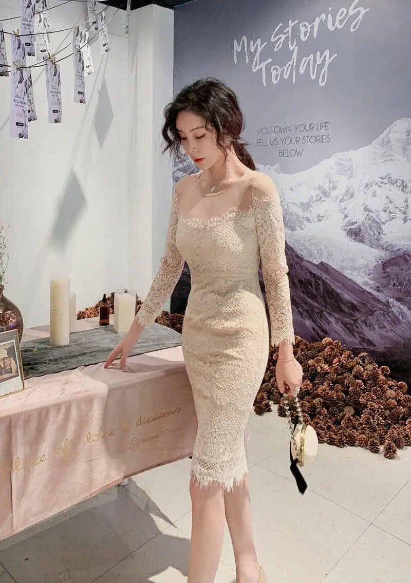 

New autumn women's clothing Korean style sexy mesh splicing slim hip eyelash lace dress