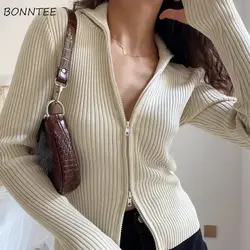 Knitted Cardigan Women Double Zippered Solid Long Sleeve Cropped Tops Casual Turn-down Collar Sexy Slim Fashion Basic Sweaters