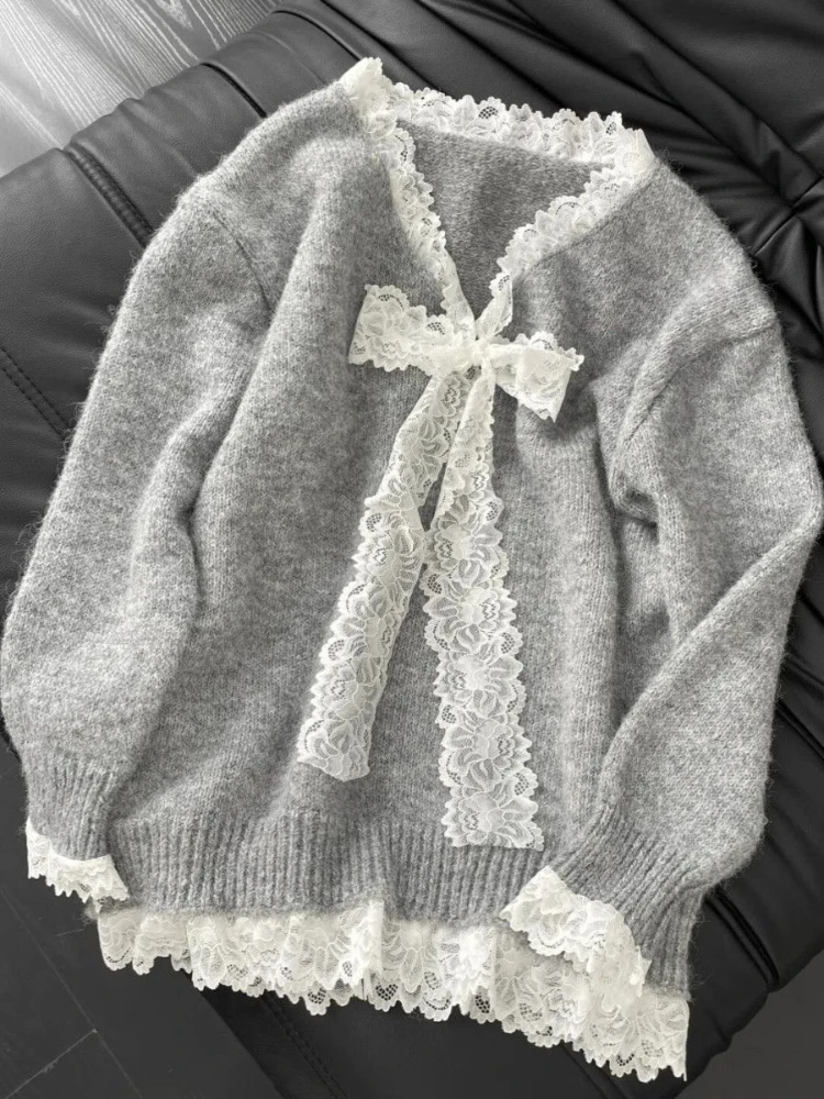 Y2K Japanese Loose Sweater Office Lady Autumn Winter Korean Fairy Bow Knitted Pullover Female Sweet Lace  Oversized Y2k Outfits