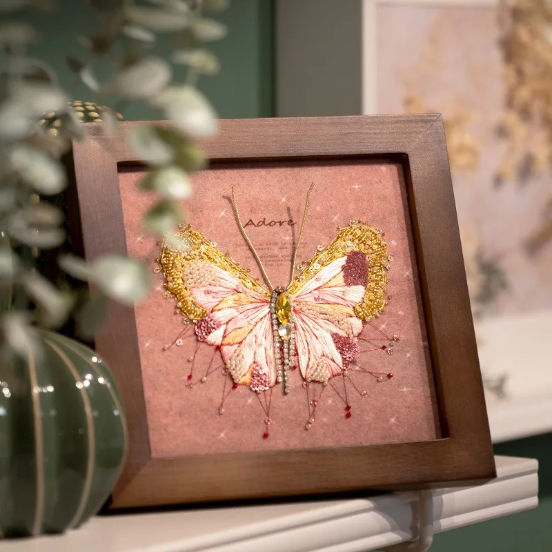 European Three-dimensional Embroidery DIY Material Bag Pink Butterfly Photo Frame Painting Home Table Decoration Couple Gift